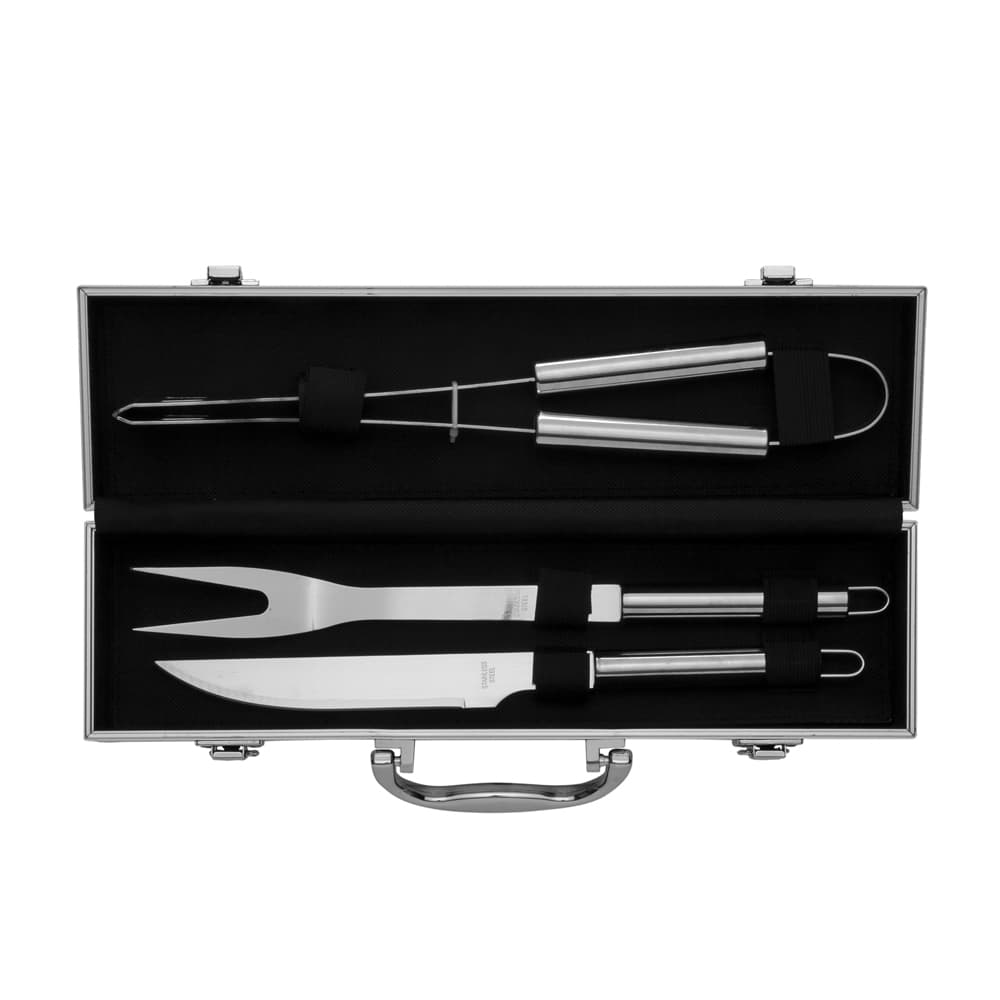 Kit Churrasco 3 Peças em Aço Inox com Maleta de Alumínio personalizado para cozinha e churrasco