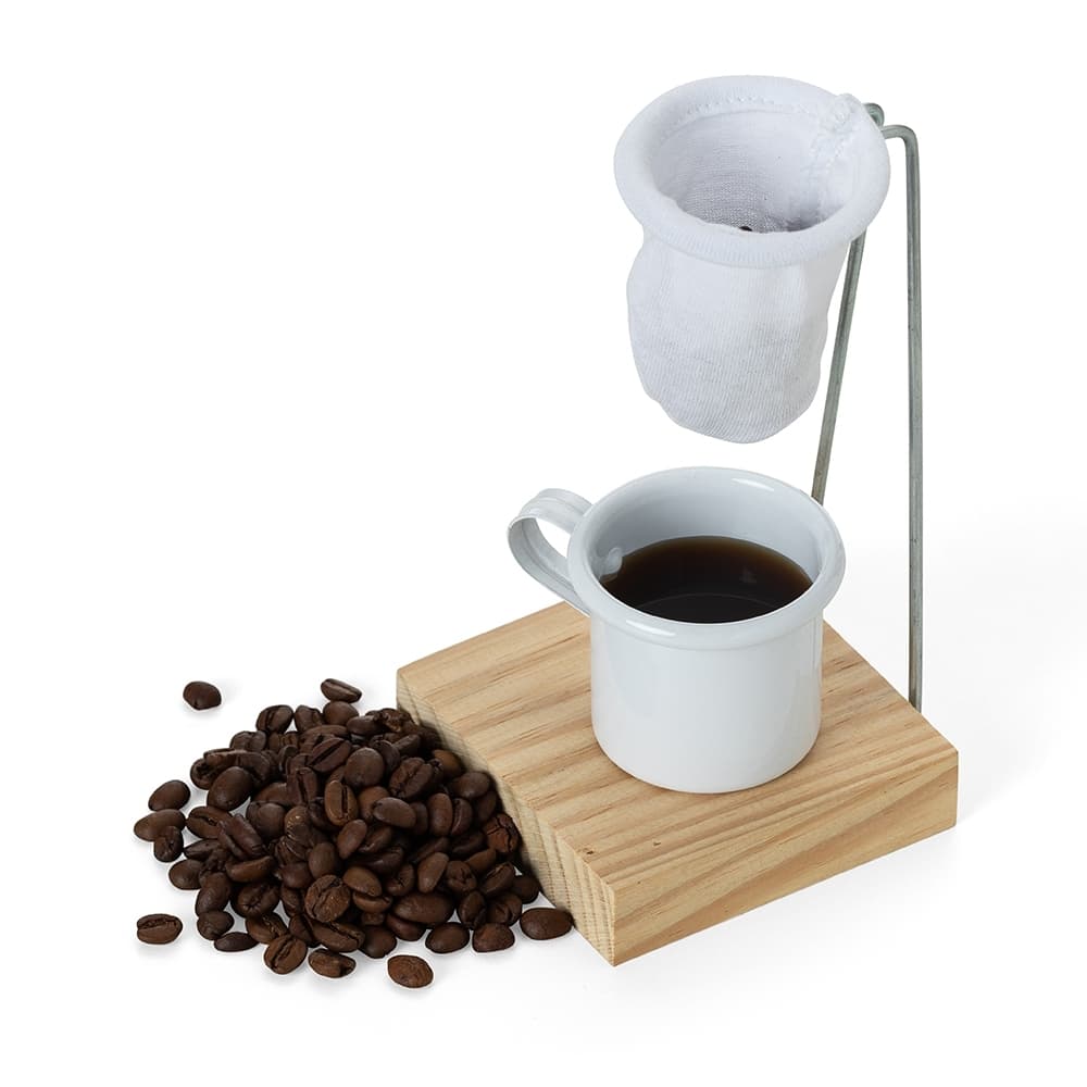 Kit de Café 3 Peças com Xícara de Metal e Suporte de Madeira personalizado para canecas e copos