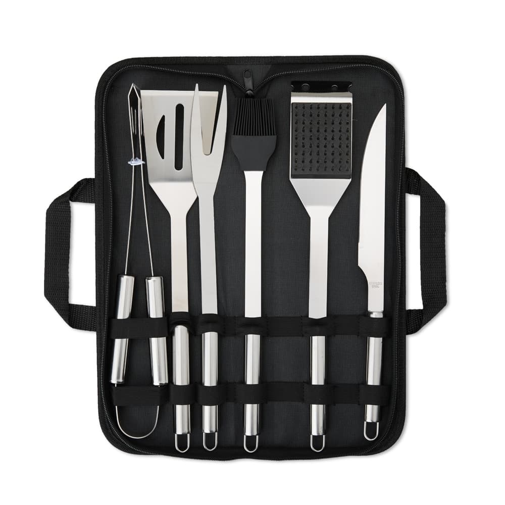 Kit Churrasco 6 Peças em Inox com Estojo de Nylon para brindes personalizados para cozinha e churrasco