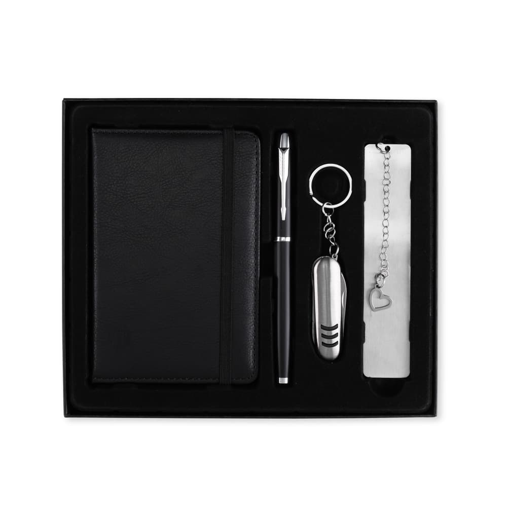 Kit Executivo 4 Peças com Caderneta, Caneta, Canivete e Marcador personalizado para ferramentas