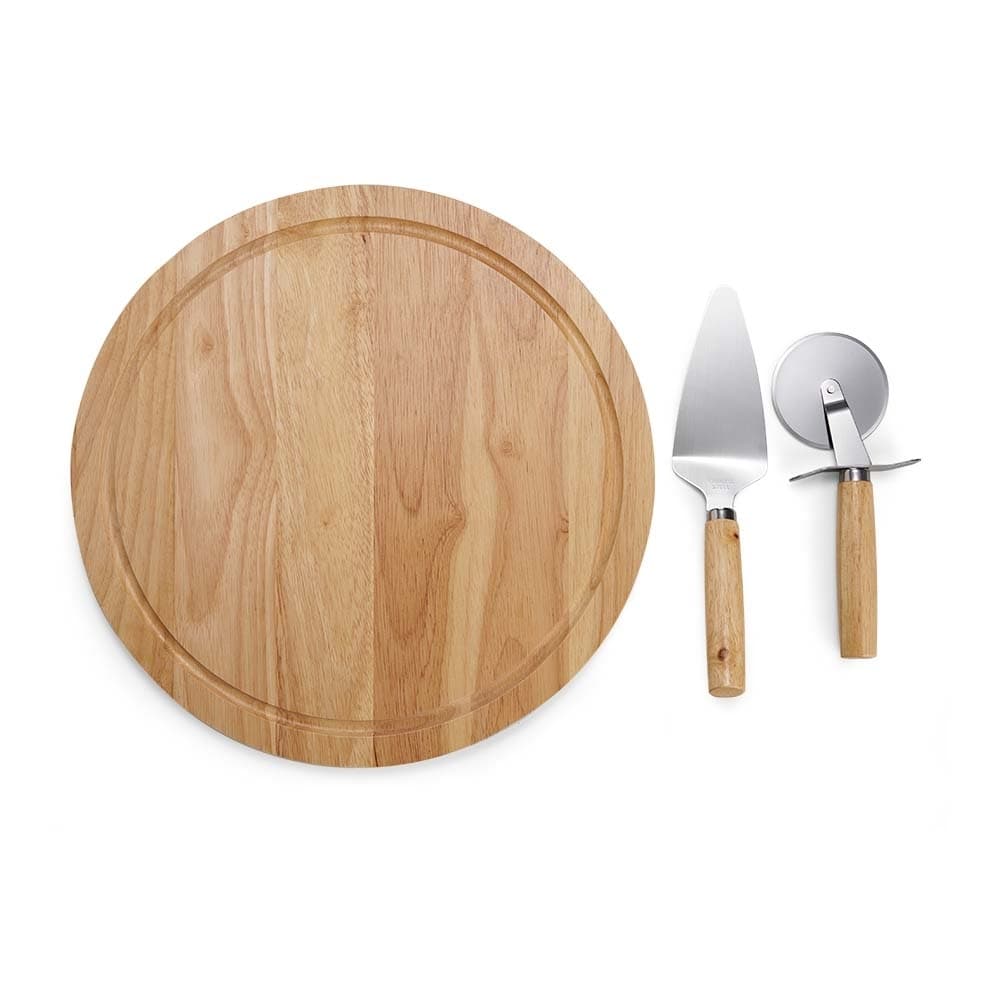 Kit Pizza 3 Peças com Tábua de Bambu e Utensílios em Inox personalizado para cozinha e churrasco
