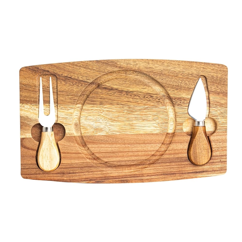 Kit Queijo 3 Peças com Tábua Redonda de Madeira para brindes personalizados para cozinha e churrasco