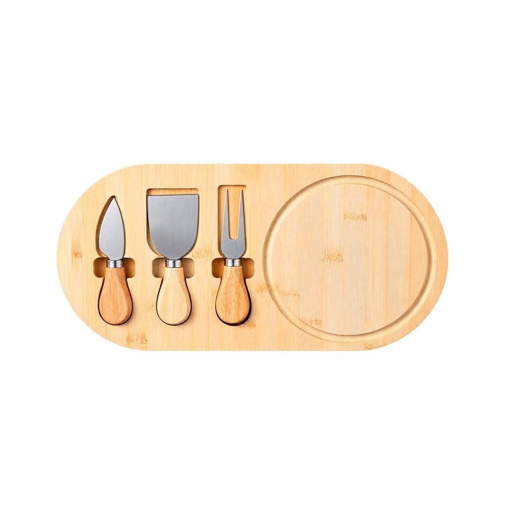 Kit Queijo 4 Peças com Tábua em Bambu e Utensílios em Inox personalizado para cozinha e churrasco