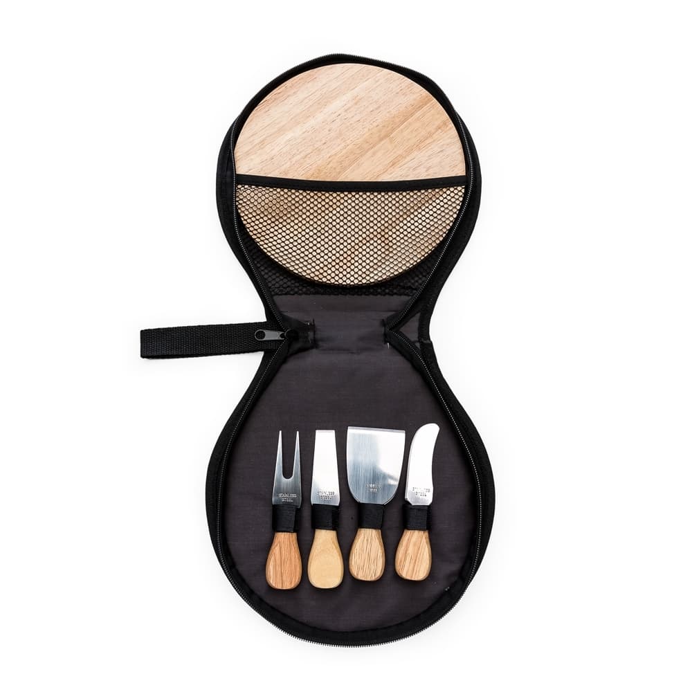 Kit Queijo 5 Peças com Tábua de Bambu e Estojo de Nylon para brindes personalizados para bolsas e malas