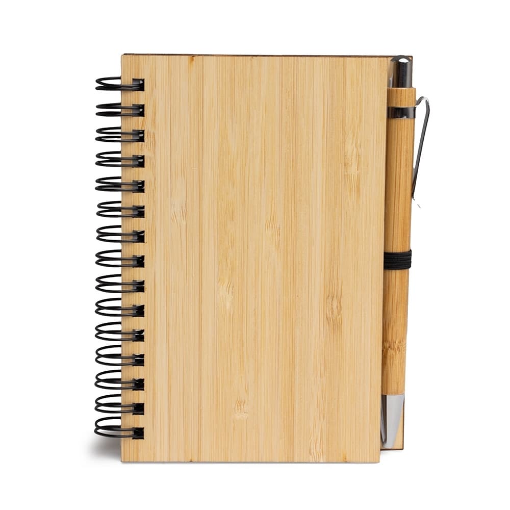 Bloco de Anotações com Caneta de Bambu Personalizado para cadernos e planners com logo sob orçamento