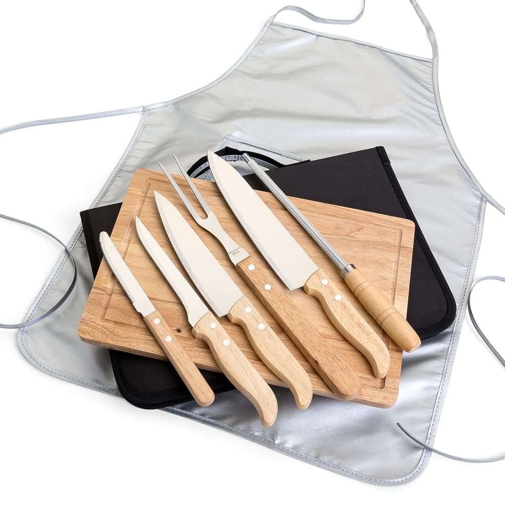 Kit Churrasco 8 Peças com Tábua de Bambu e Avental para cozinha e churrasco com logo sob orçamento